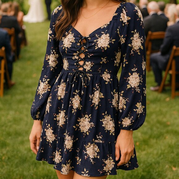 Altar'd State Dresses & Skirts - Altar’d State Navy Floral Lace-Up Mini Dress